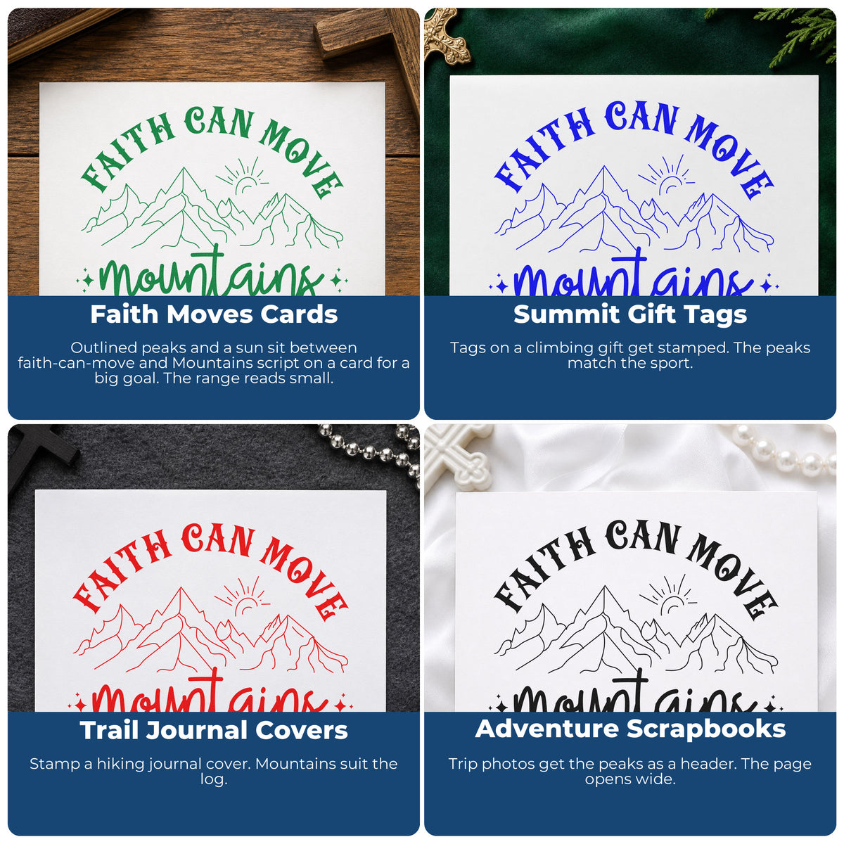 Four ways to use the Faith Can Move Outlined Mountains Script Lettering Wood-Mounted Rubber Stamp: faith moves cards, summit gift tags, trail journal covers and adventure scrapbooks.