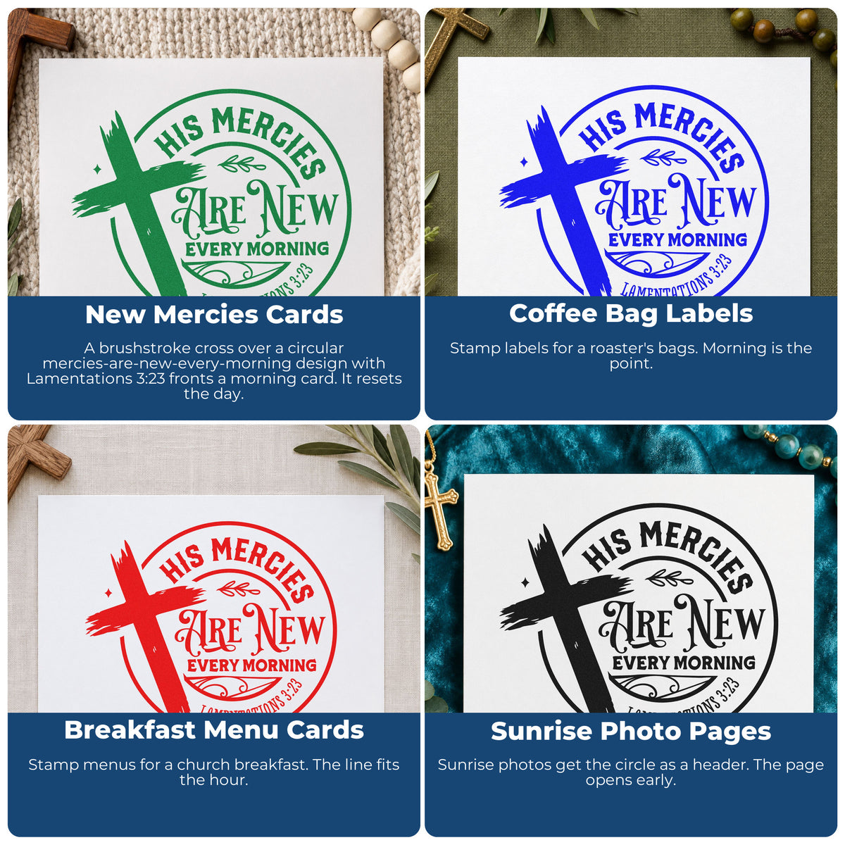 Four ways to use the His Mercies Are New Every Morning Self-Inking Stamp: new mercies cards, coffee bag labels, breakfast menu cards and sunrise photo pages.