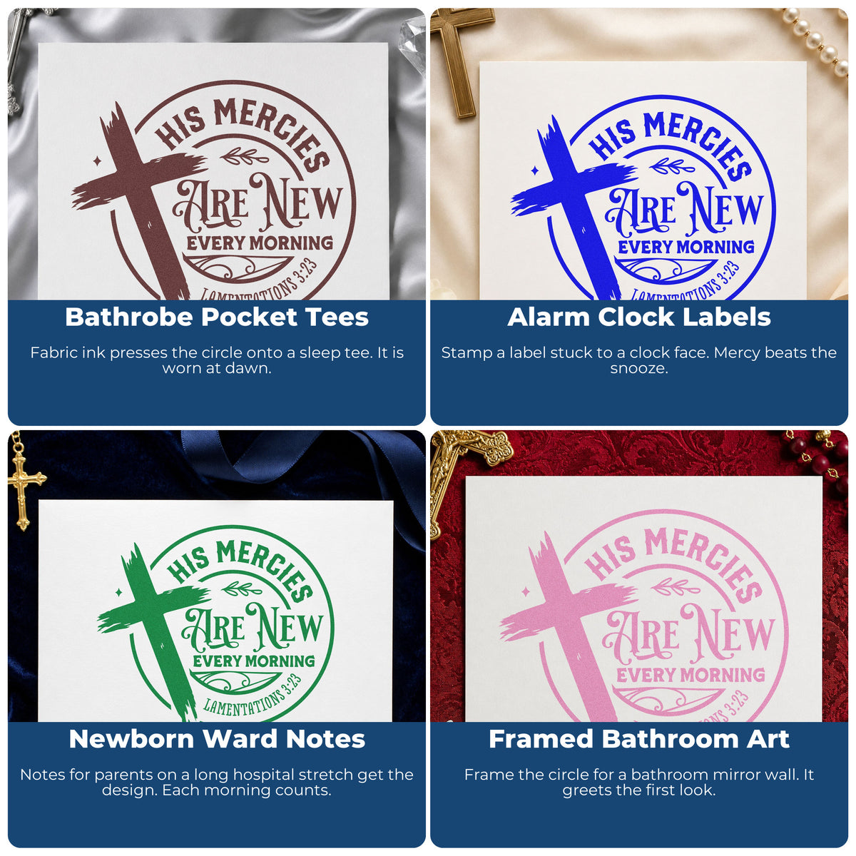 Four ways to use the His Mercies Are New Every Morning Rubber Stamp – Duo Hand: bathrobe pocket tees, alarm clock labels, newborn ward notes and framed bathroom art.