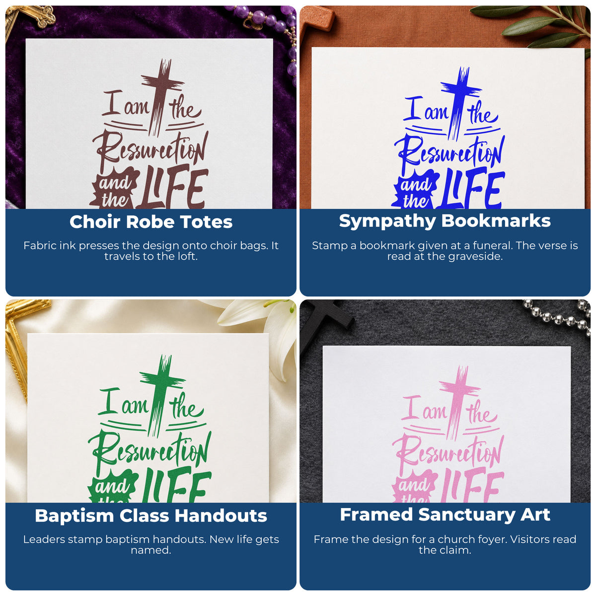 Four ways to use the Resurrection And Life Stamp - Premium Vintage Pro Wooden: choir robe totes, sympathy bookmarks, baptism class handouts and framed sanctuary art.