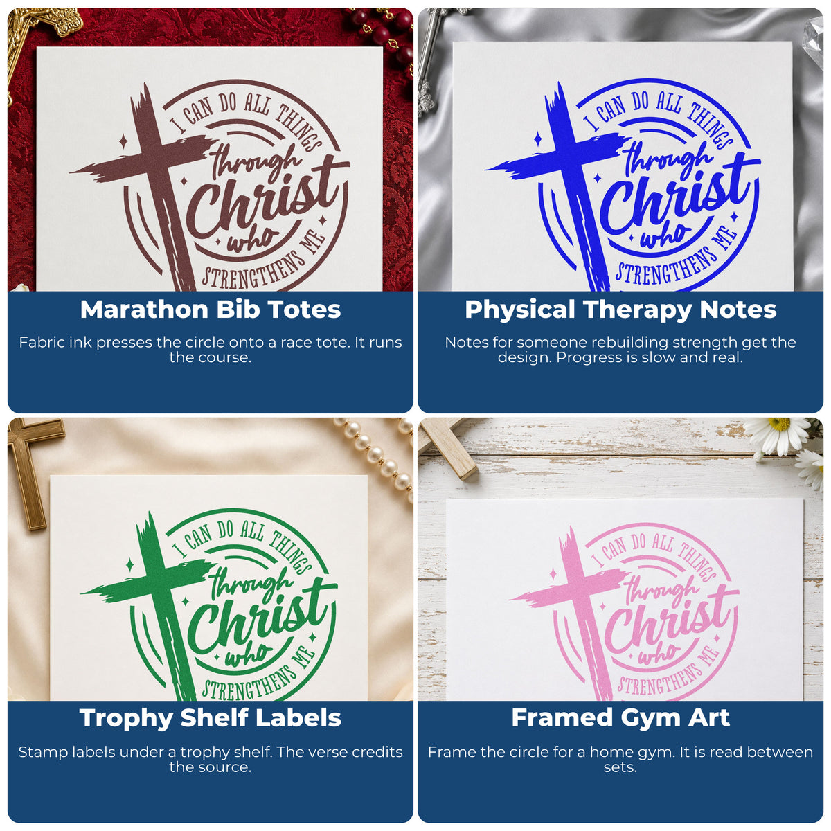 Faith-based rubber stamps for gift tags, mail art, planners, and Sunday school crafts with scripture and inspirational designs.