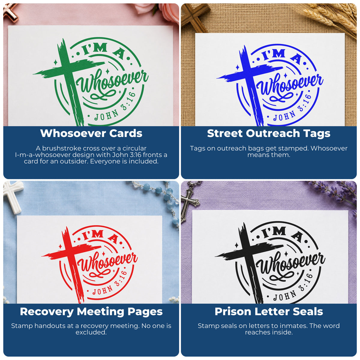 Faith-based rubber stamps for Bible journaling, scrapbooking, prayer cards, and church event favors with inspirational verses.