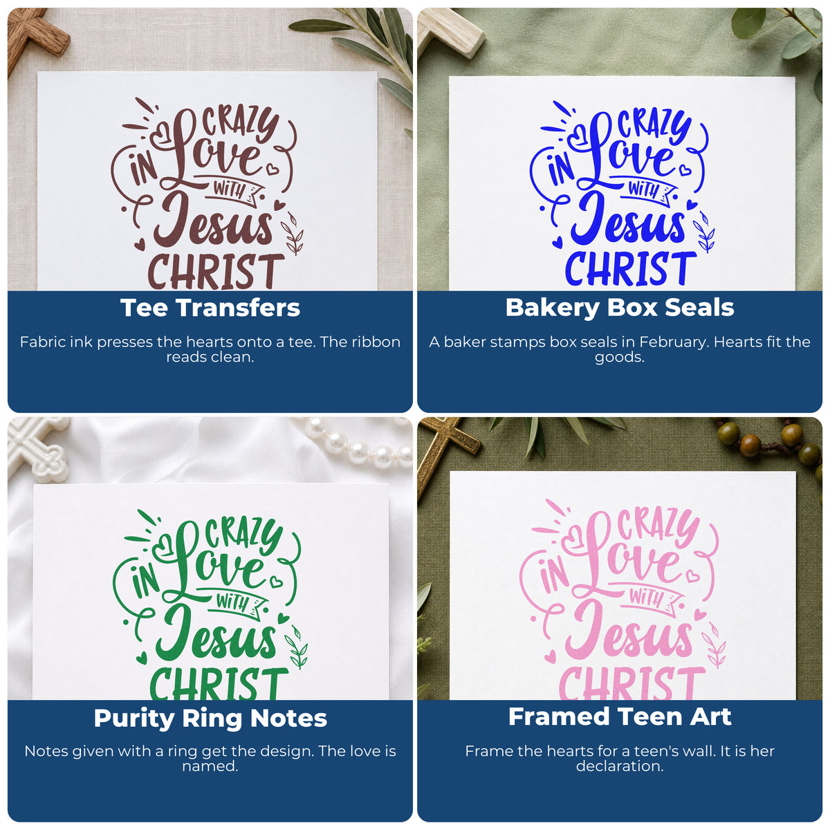 Christian rubber stamps for gift tags, mail art, planners, and Sunday school crafts with faith-based words and scripture designs.