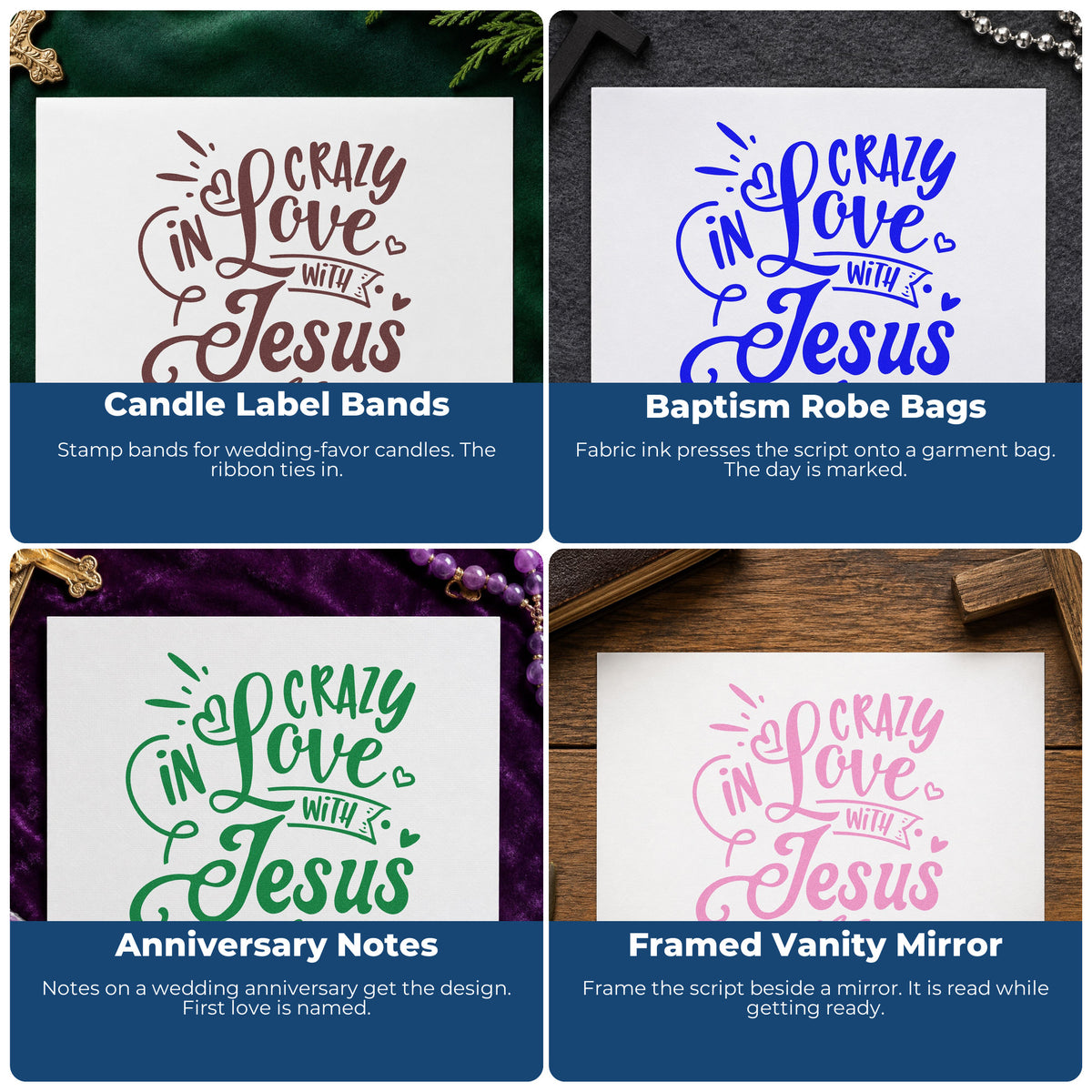 Four ways to use the Crazy In Love With Jesus Leaf Accents Pre-Inked Stamp – Slim: candle label bands, baptism robe bags, anniversary notes and framed vanity mirror.