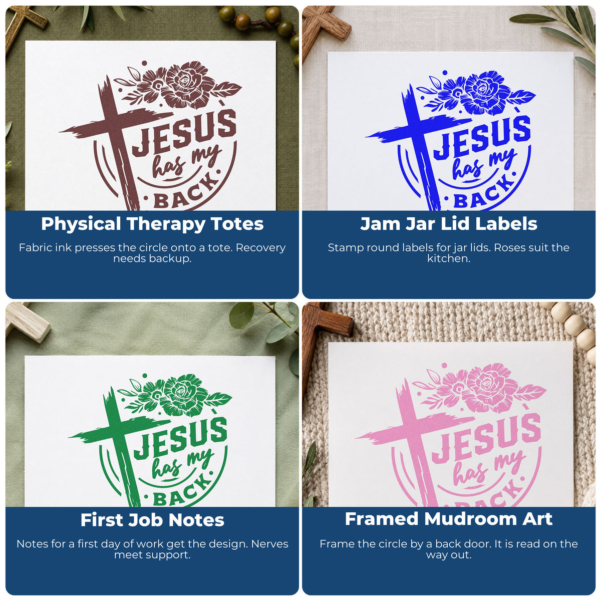 Four ways to use the Jesus Has My Back Rose Badge Premium Wood-Mounted Stamp - Vintage Pro: physical therapy totes, jam jar lid labels, first job notes and framed mudroom art.
