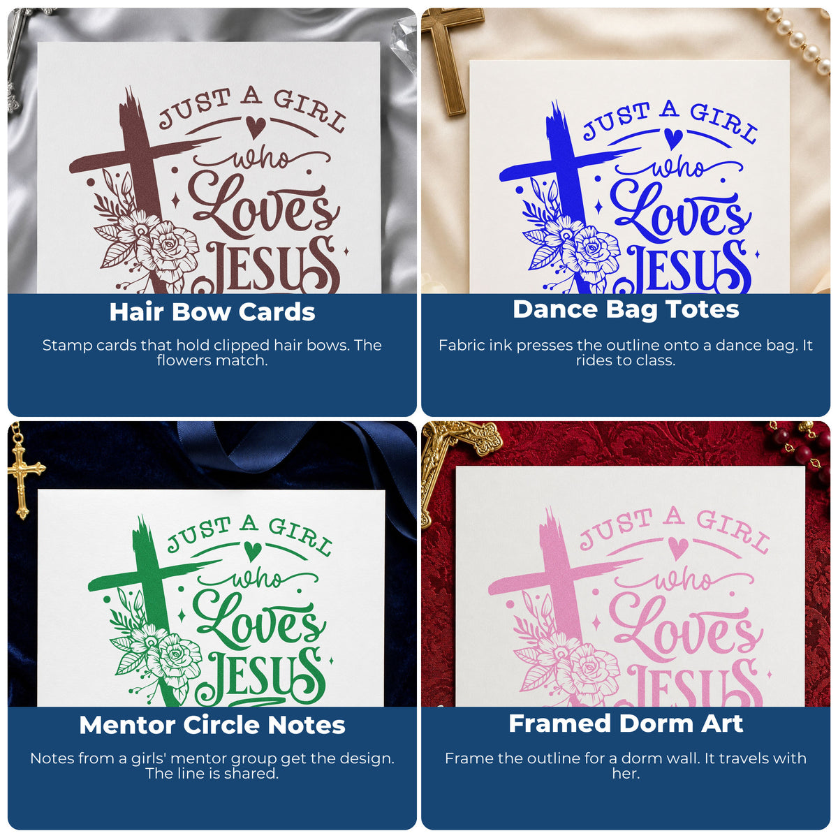 Four ways to use the Just A Girl Who Loves Jesus Brushstroke Cross Stamp - Premium Vintage Pro Wooden: hair bow cards, dance bag totes, mentor circle notes and framed dorm art.