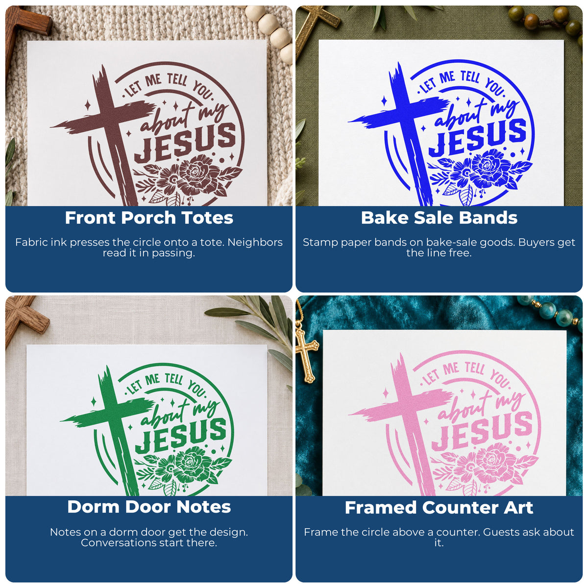 Christian rubber stamps used for gift tags, Bible verse mail art, planner pages, and Sunday school crafts.