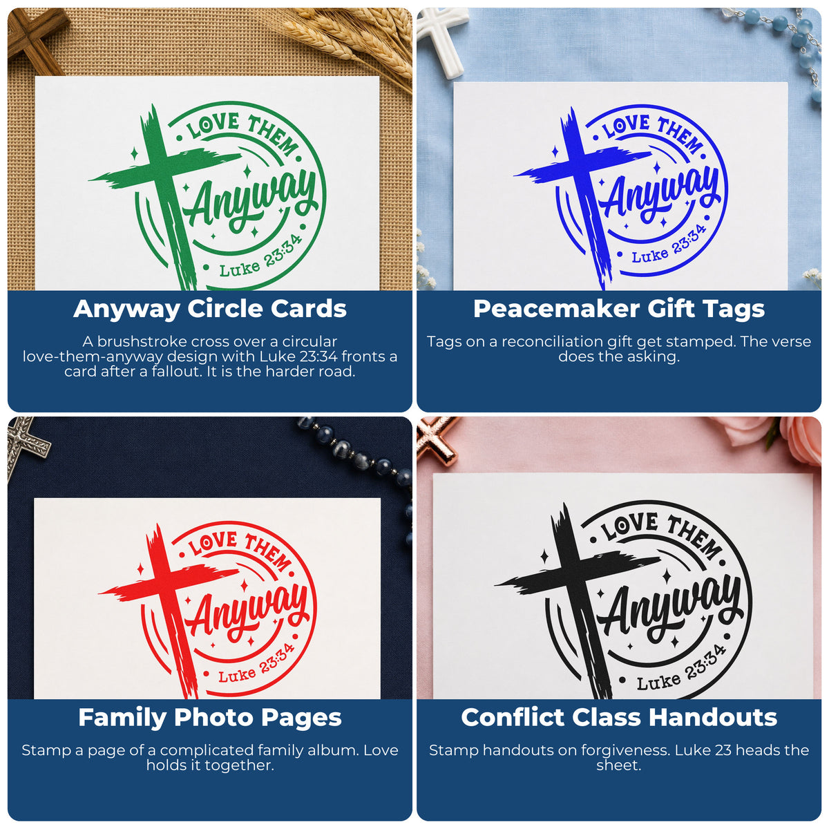 Four ways to use the Love Them Anyway Rubber Stamp – Duo Hand: anyway circle cards, peacemaker gift tags, family photo pages and conflict class handouts.