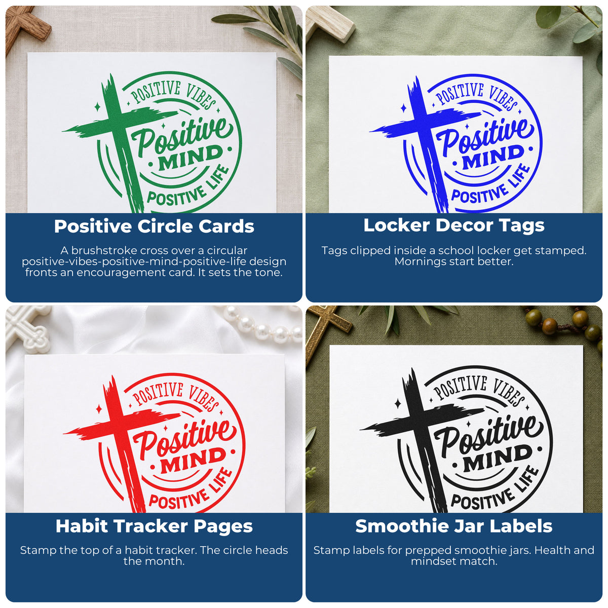 Four ways to use the Positive Vibes, Positive Mind, Positive Life Stamp – PSI Pre-Inked: positive circle cards, locker decor tags, habit tracker pages and smoothie jar labels.