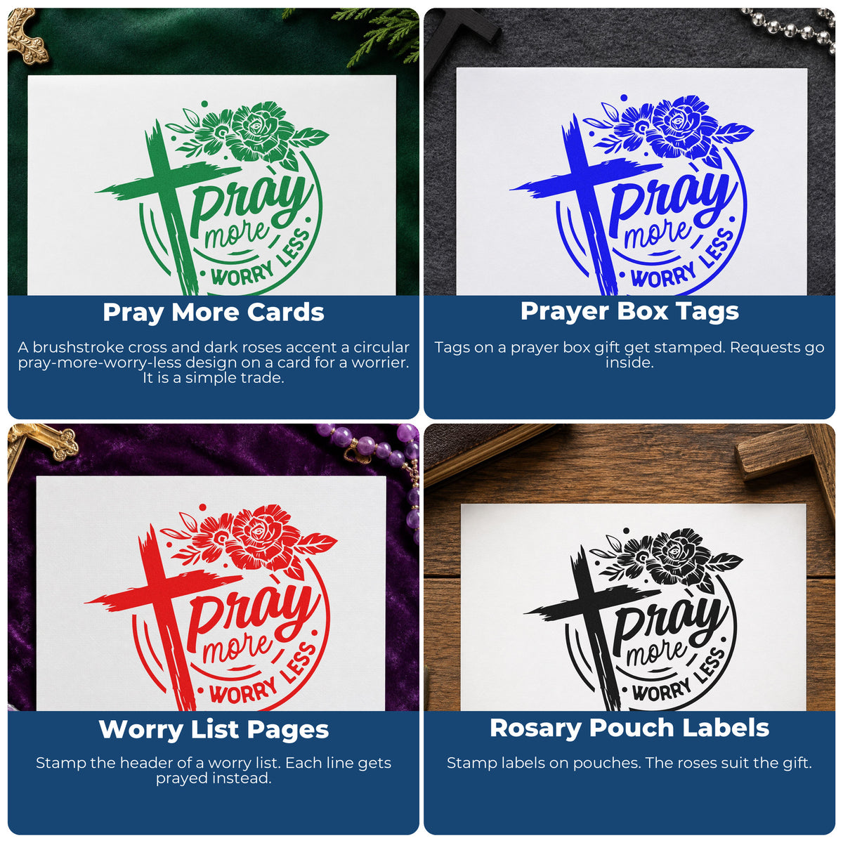 Christian rubber stamps for Bible journaling, scrapbooking, prayer cards, and church event favors.