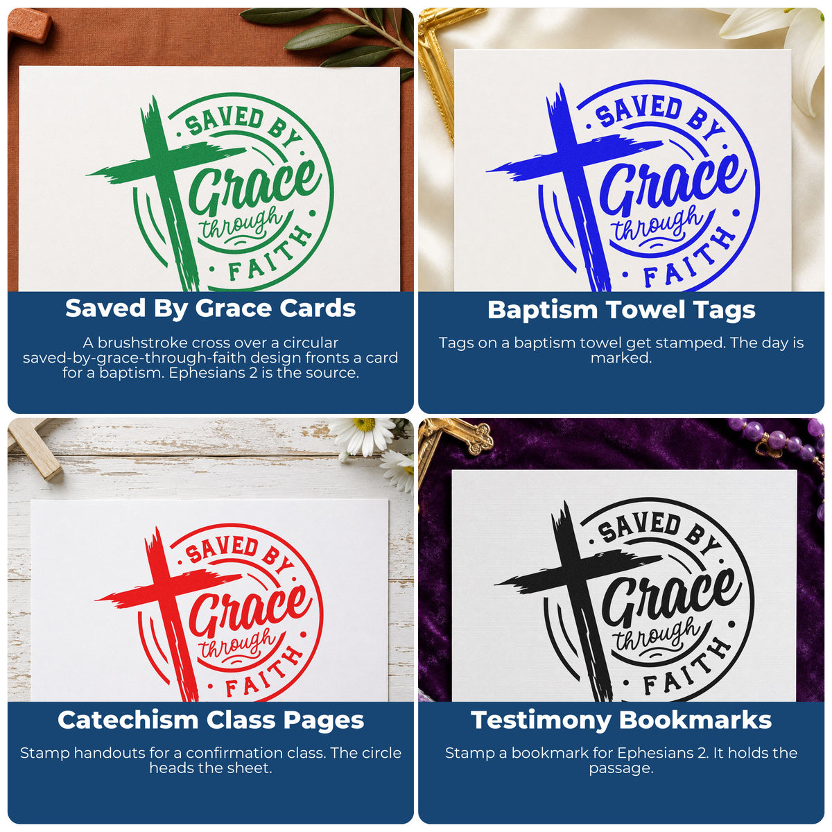 Four ways to use the Saved By Grace Through Faith Stamp – Duo Hand: saved by grace cards, baptism towel tags, catechism class pages and testimony bookmarks.