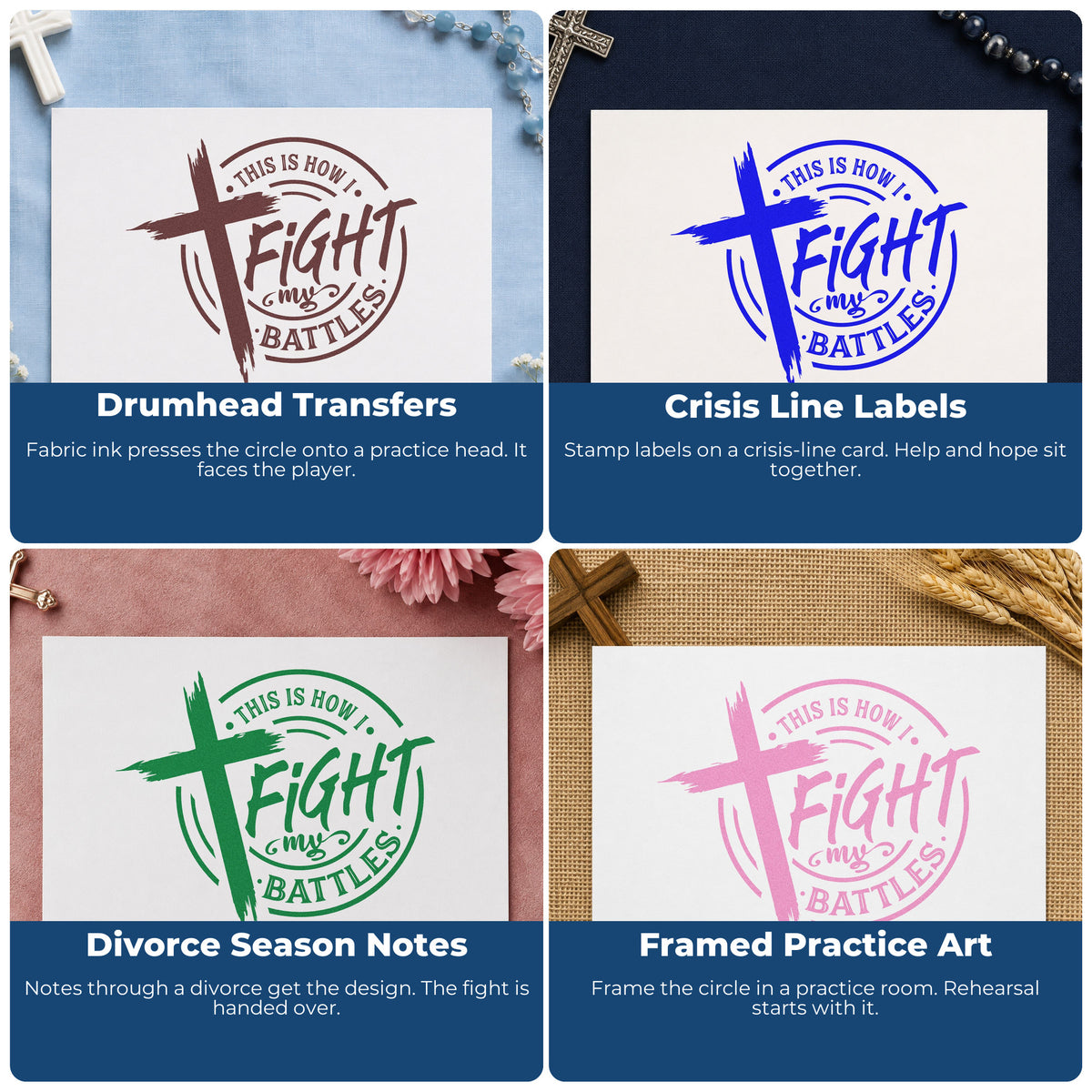 Four ways to use the Fight My Battles Badge Rubber Stamp – Duo Hand: drumhead transfers, crisis line labels, divorce season notes and framed practice art.