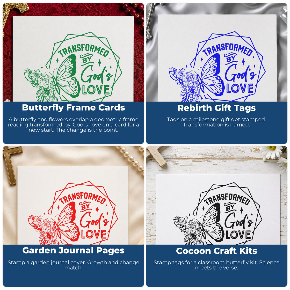 Four ways to use the Transformed By God's Love Butterfly Slim Pre-Inked Stamp: butterfly frame cards, rebirth gift tags, garden journal pages and cocoon craft kits.