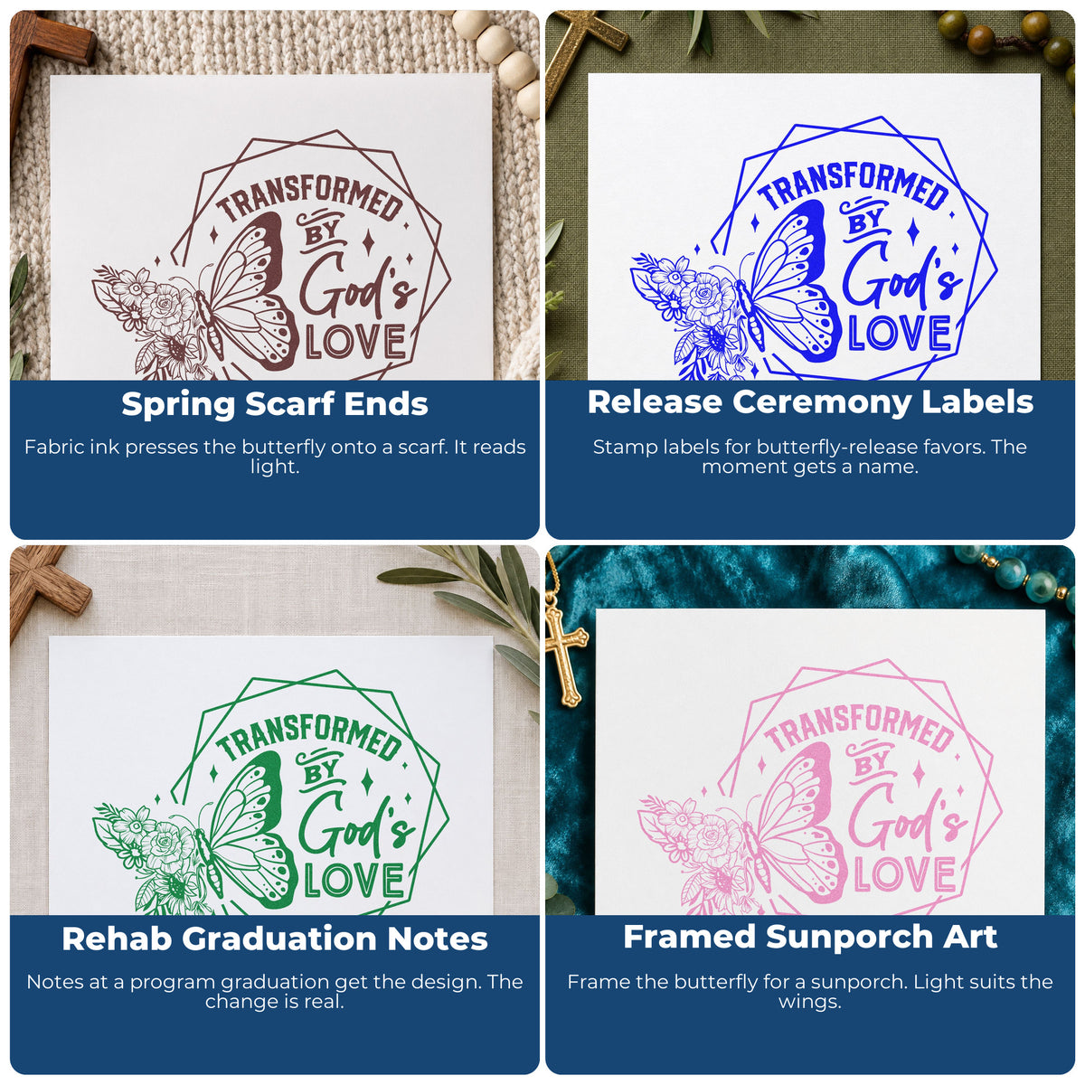 Four ways to use the PSI Pre-Inked Transformed By God's Love Butterfly Stamp: spring scarf ends, release ceremony labels, rehab graduation notes and framed sunporch art.