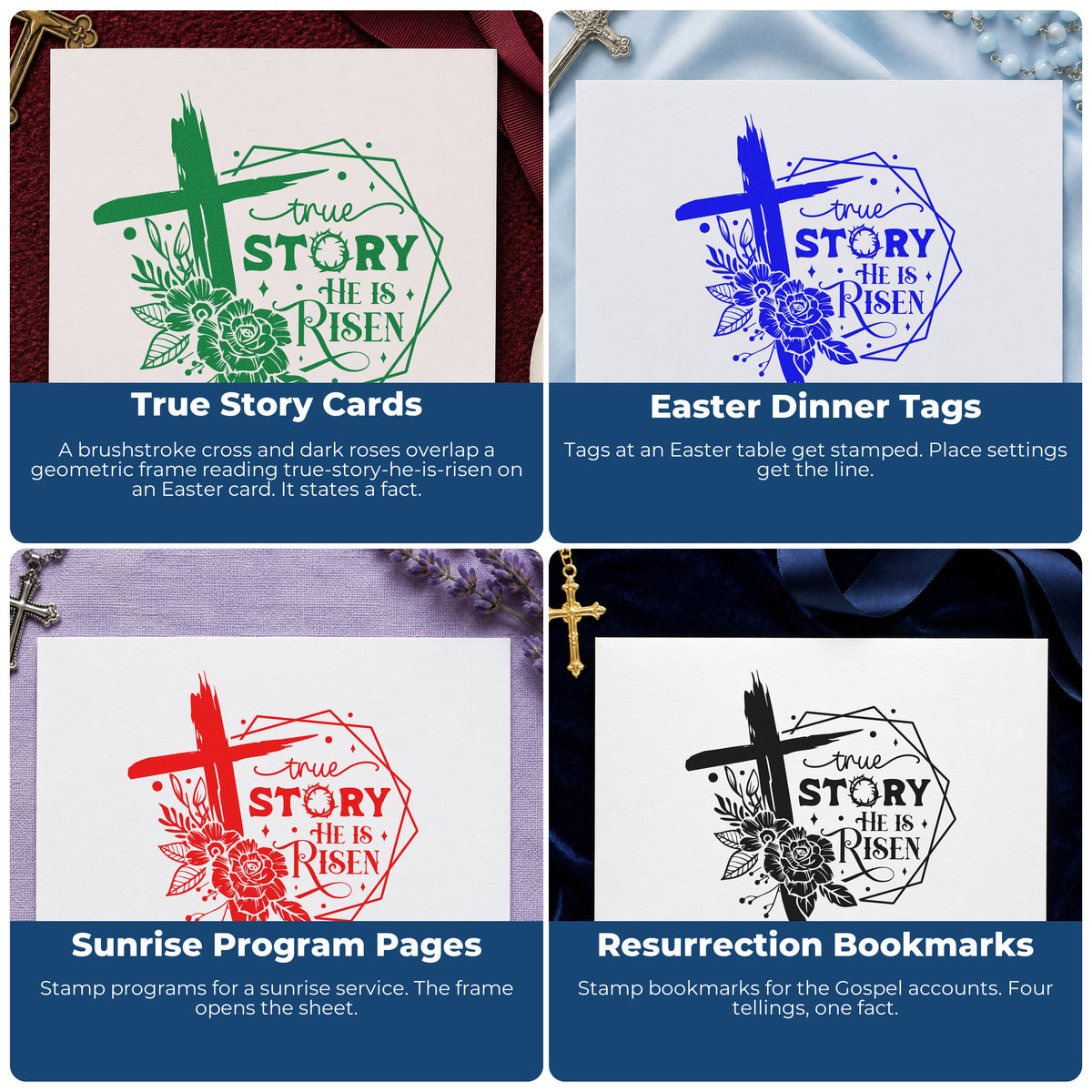 Four ways to use the True Story Risen Rose Frame Pre-Inked Stamp – PSI: true story cards, easter dinner tags, sunrise program pages and resurrection bookmarks.