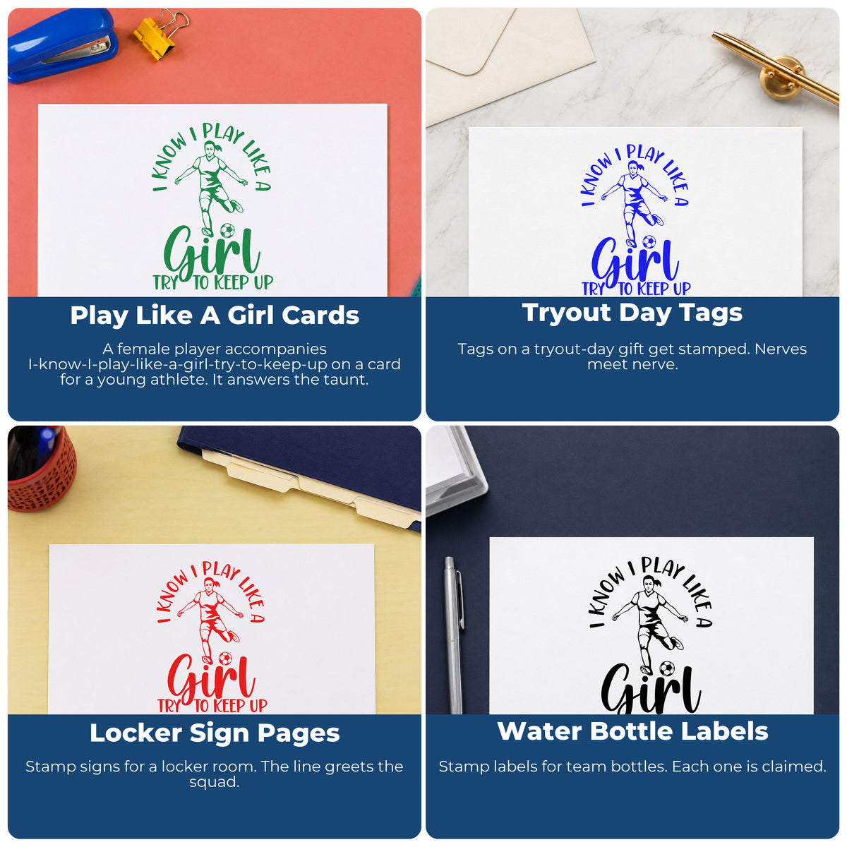 Four ways to use the Wood Handle I Play Like A Girl Rubber Stamp: play like a girl cards, tryout day tags, locker sign pages and water bottle labels.