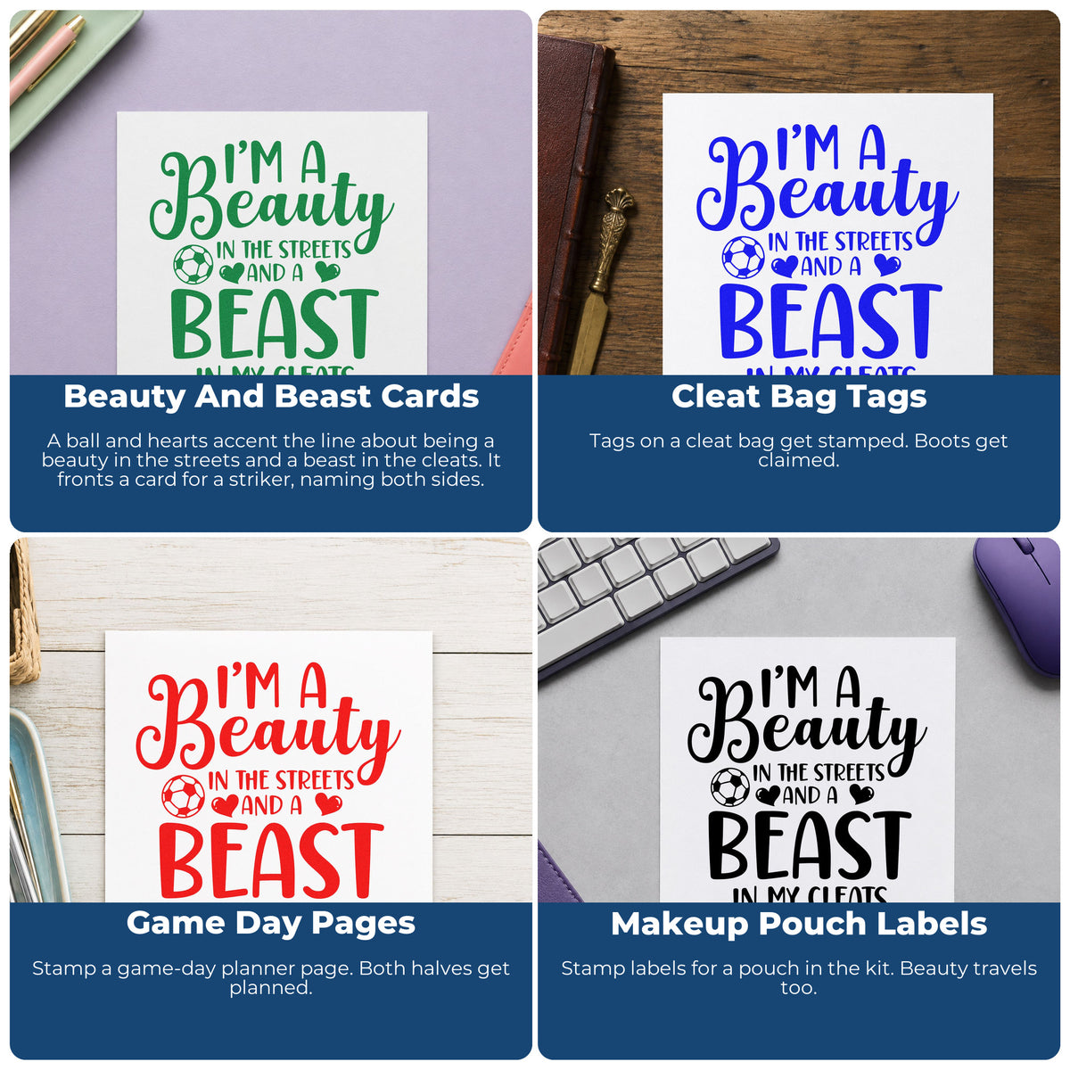 Four ways to use the I'm A Beauty In The Streets And A Beast In My Cleats Premium Wooden Stamp - Vintage Pro: beauty and beast cards, cleat bag tags, game day pages and makeup pouch labels.
