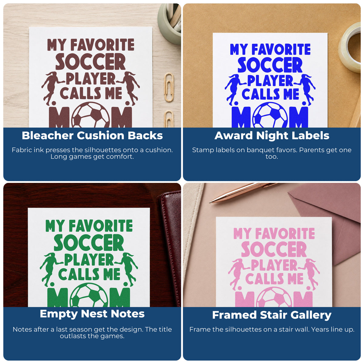 Soccer rubber stamps for journals, flyers, kids' crafts, and handmade product packaging with motivational sports designs.