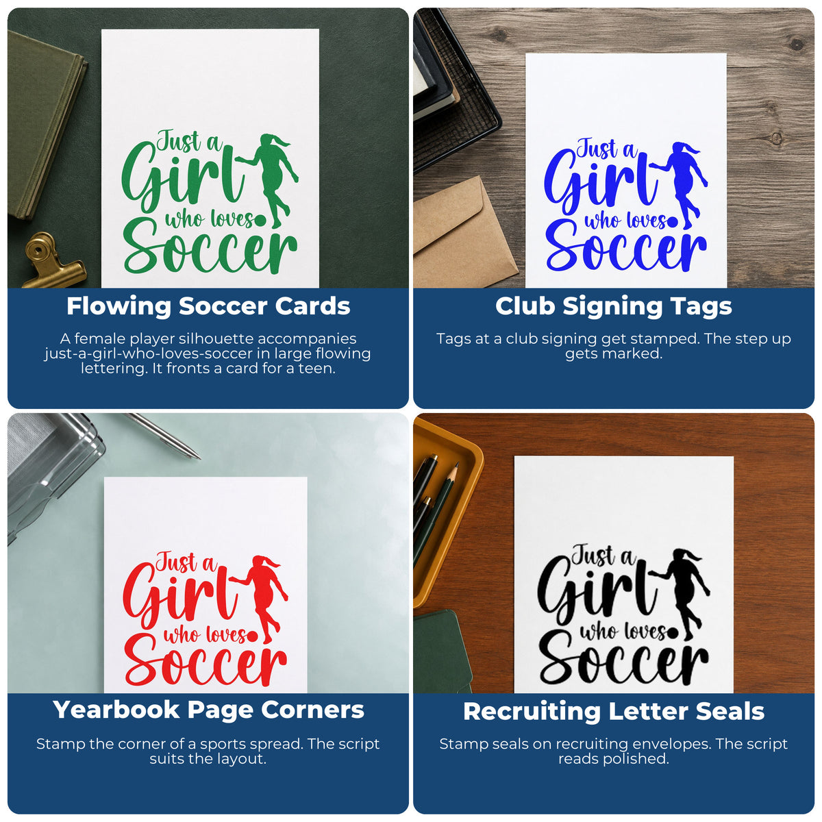 Four ways to use the Girl Who Loves Soccer Silhouette Lettering Wood-Mounted Rubber Stamp: flowing soccer cards, club signing tags, yearbook page corners and recruiting letter seals.