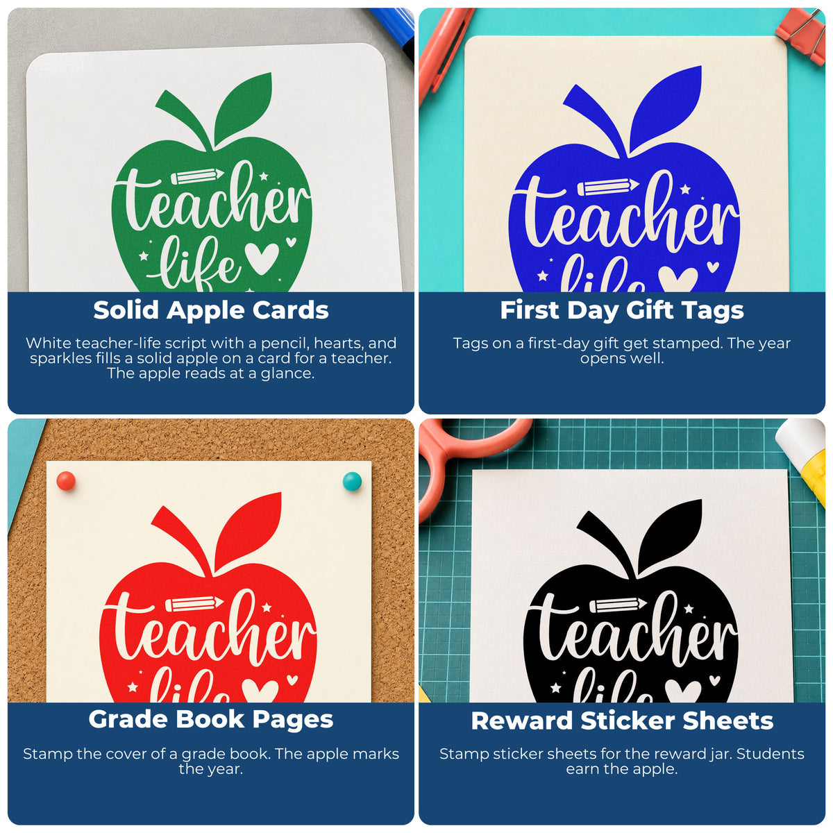 Teacher rubber stamps for grading, parent communication, student rewards, and homework folders in the classroom.