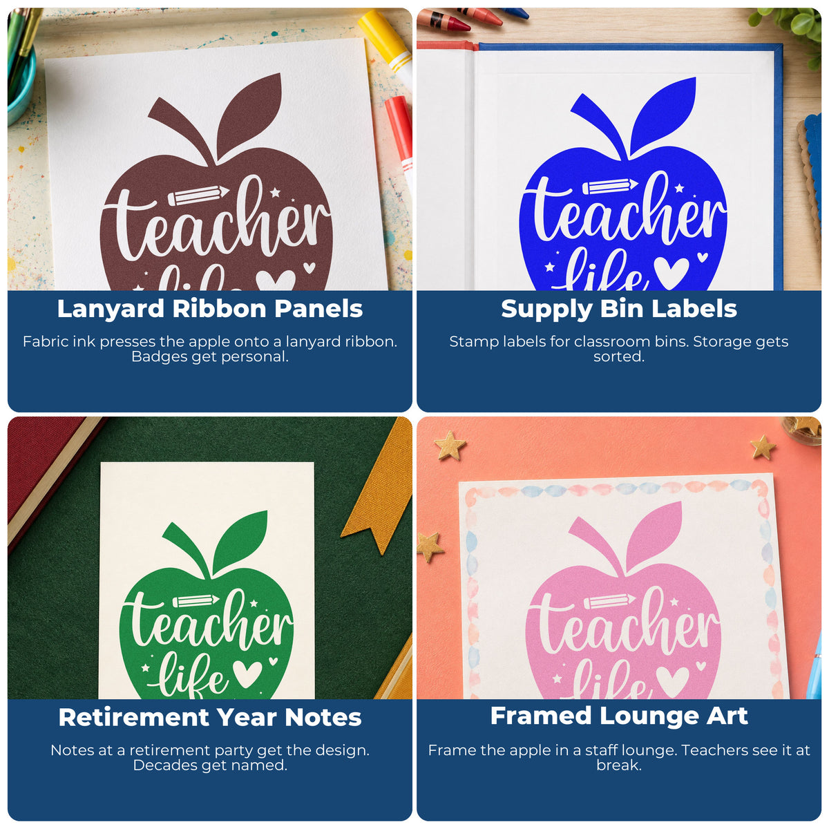 Teacher rubber stamps for classroom projects, bulletin boards, SEL, and hall passes with custom phrases and school-themed designs.