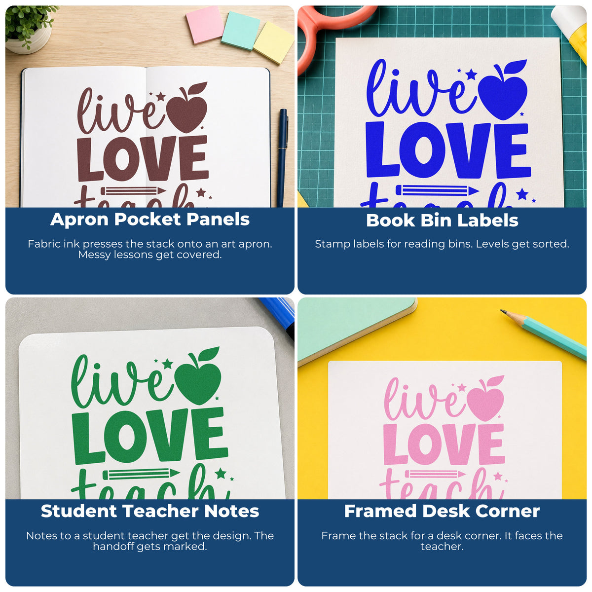 Teacher rubber stamps for classroom projects, bulletin boards, SEL activities, and hall passes.