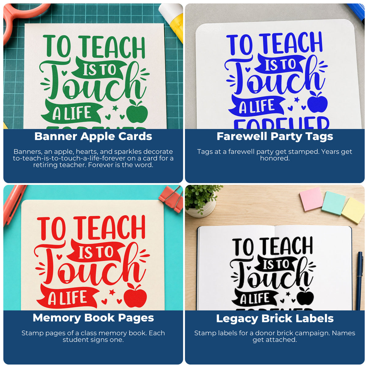 Four ways to use the To Teach Is To Touch Apple Wood-Mounted Rubber Stamp: banner apple cards, farewell party tags, memory book pages and legacy brick labels.