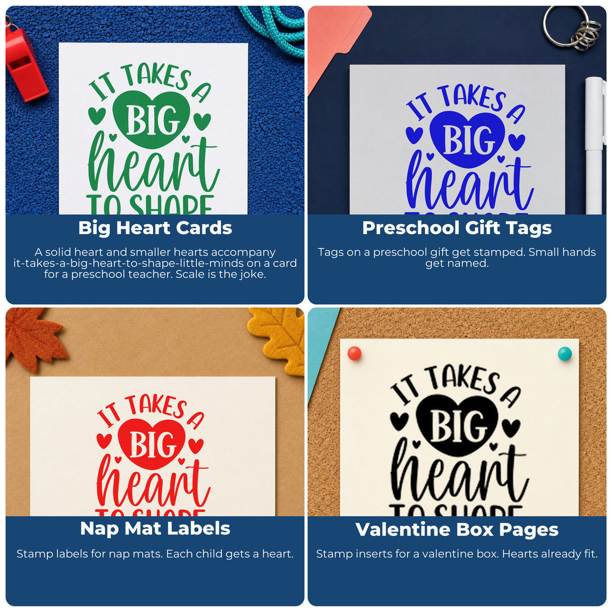 Four ways to use the Self-Inking Big Heart Little Minds Teaching Lettering Stamp: big heart cards, preschool gift tags, nap mat labels and valentine box pages.