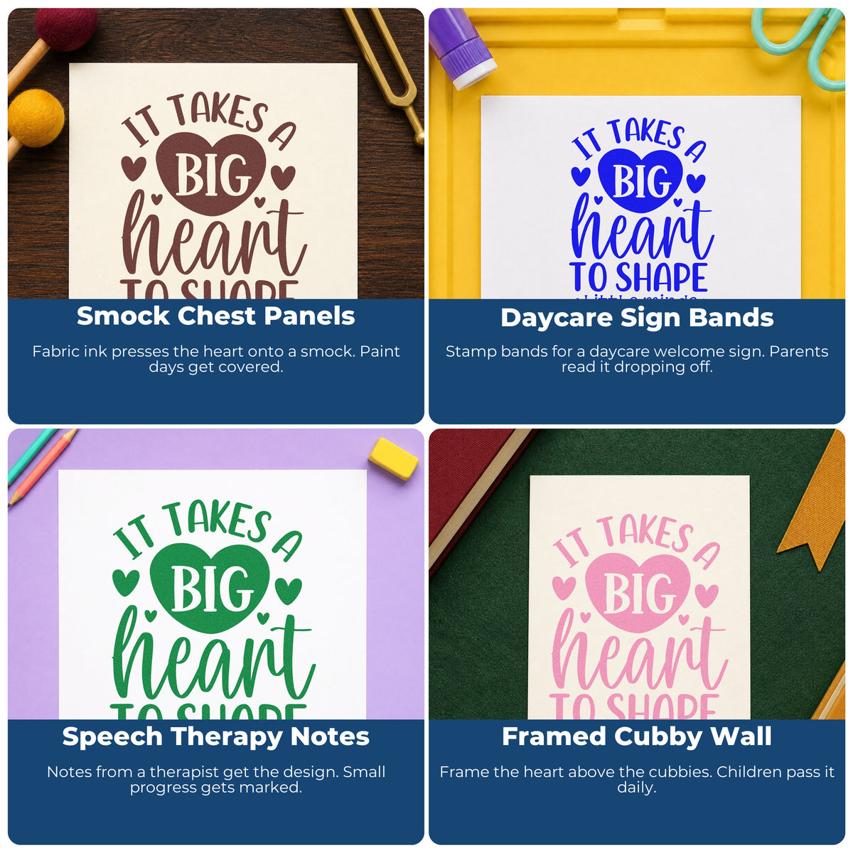 Four ways to use the Big Heart Little Minds Teaching Lettering Slim Pre-Inked Stamp: smock chest panels, daycare sign bands, speech therapy notes and framed cubby wall.