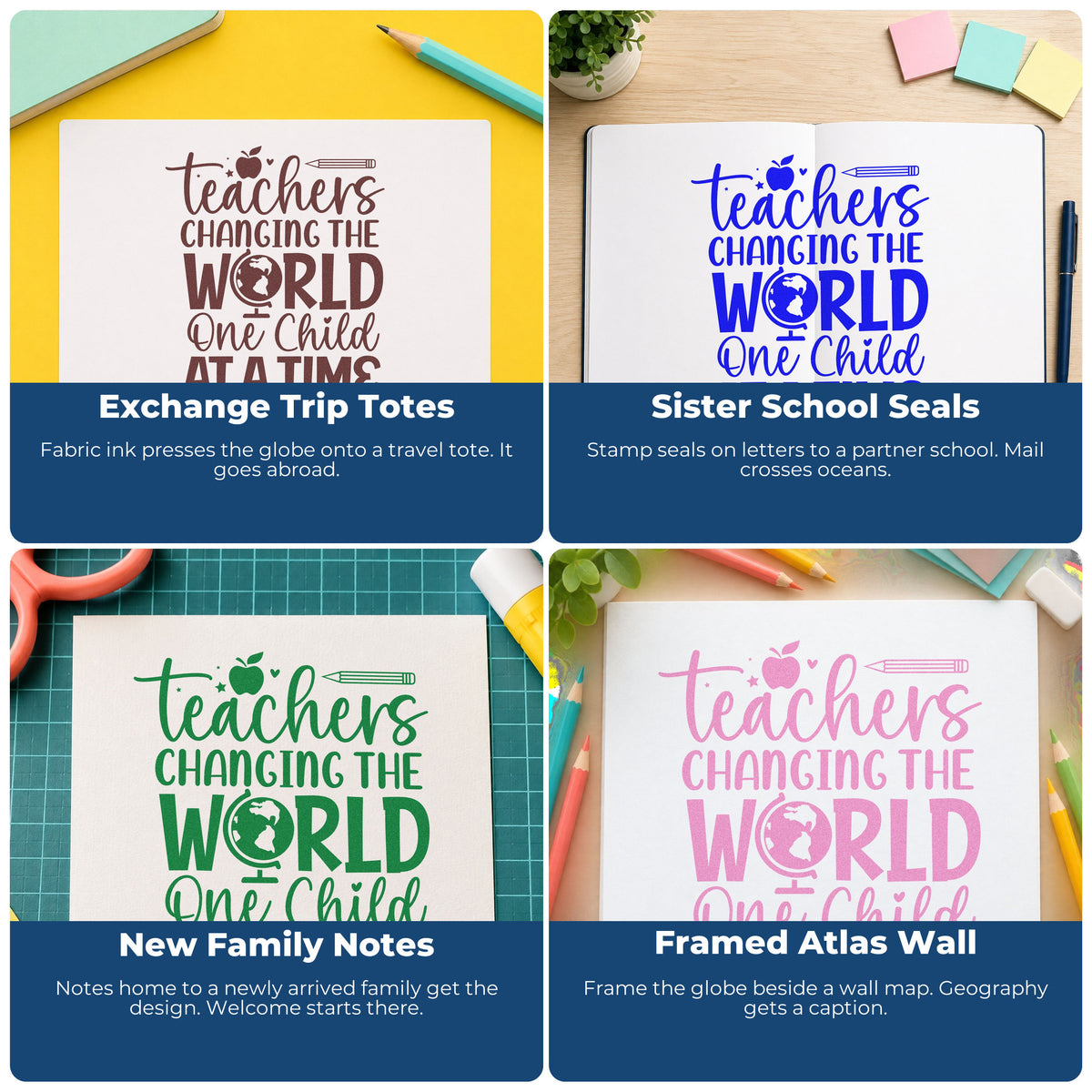 Four ways to use the Teachers Changing The World PSI Pre-Inked Stamp: exchange trip totes, sister school seals, new family notes and framed atlas wall.