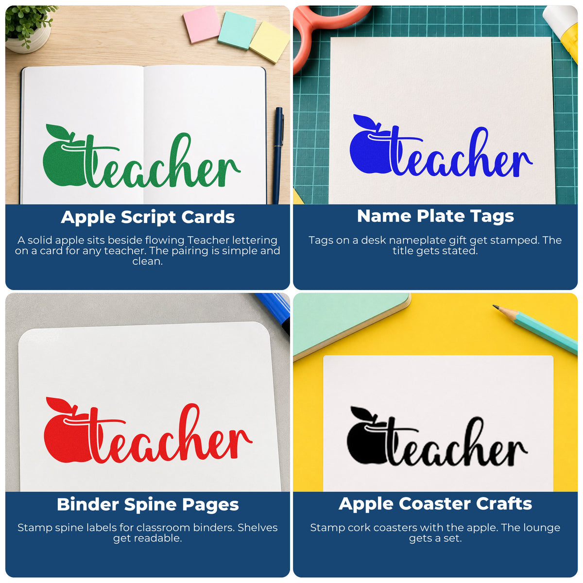 Four ways to use the Teacher Apple Flourish Self-Inking Stamp: apple script cards, name plate tags, binder spine pages and apple coaster crafts.