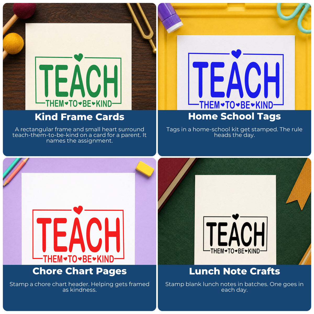 Teacher rubber stamps for grading feedback, parent notes, student rewards, and homework folders.