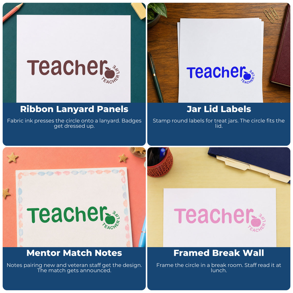 Custom teacher rubber stamps for classroom projects, bulletin boards, SEL notes, and hall passes with fun school designs.