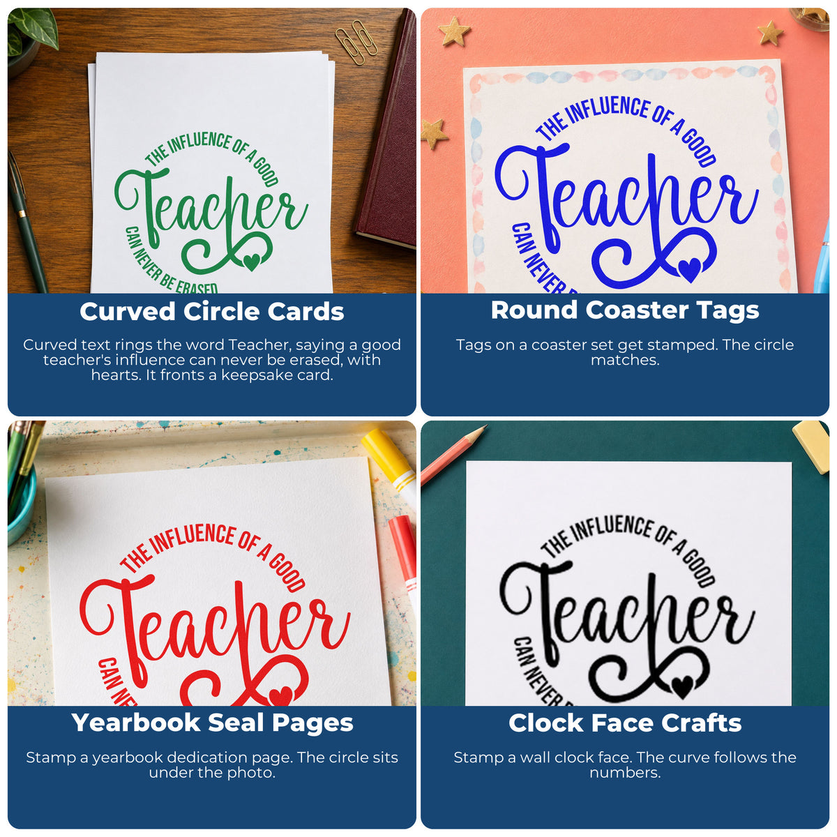 Four ways to use the Good Teacher Influence Circle Stamp – PSI Pre-Inked: curved circle cards, round coaster tags, yearbook seal pages and clock face crafts.
