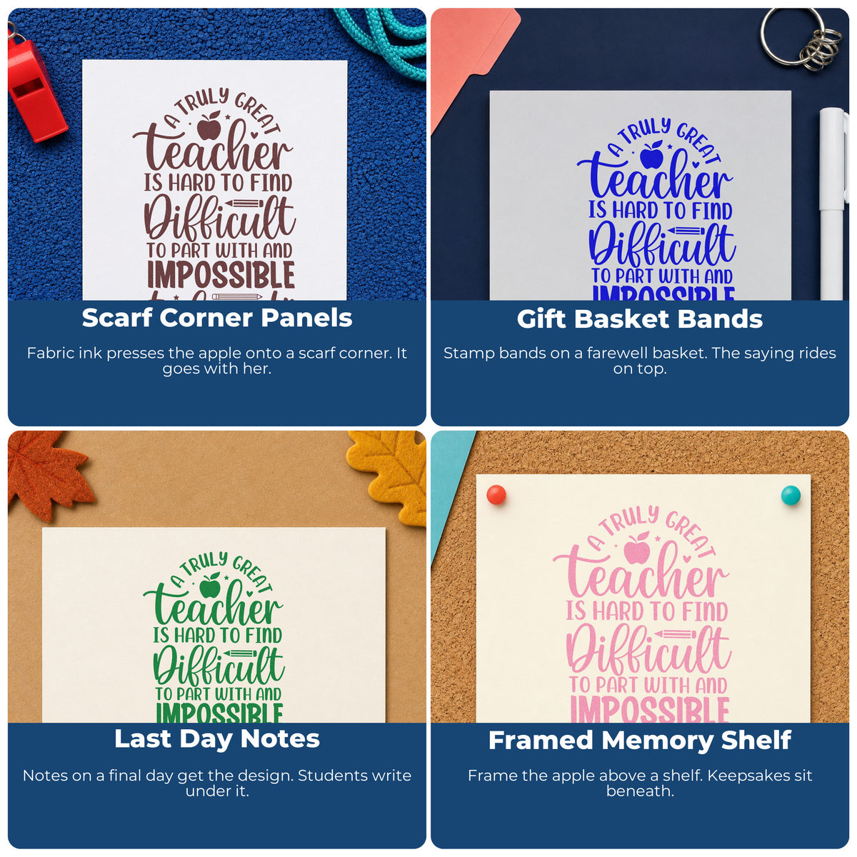Four ways to use the Truly Great Teacher Apple Rubber Stamp – Wood Handle: scarf corner panels, gift basket bands, last day notes and framed memory shelf.