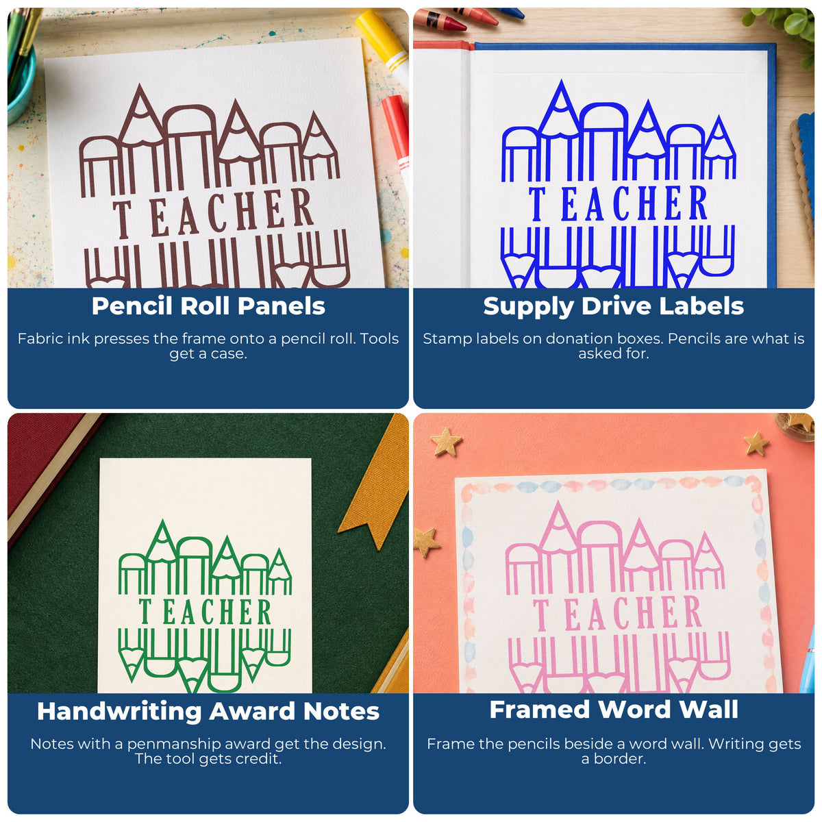 Four ways to use the Teacher Pencil Circle Frame Accent Premium Wooden Stamp - Vintage Pro: pencil roll panels, supply drive labels, handwriting award notes and framed word wall.