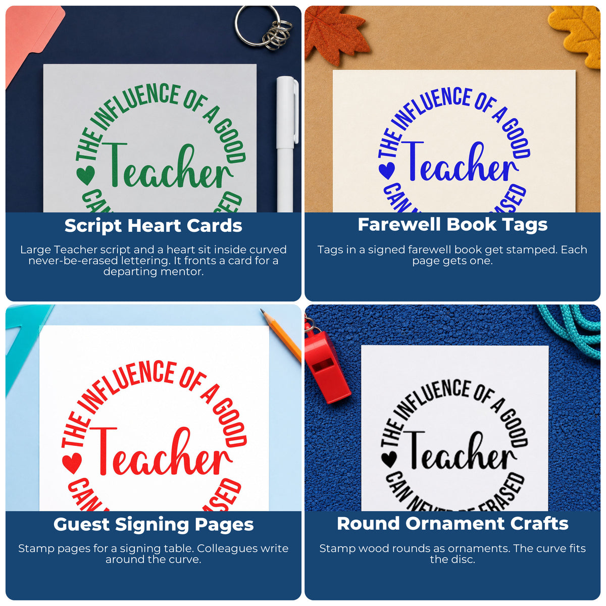 Teacher rubber stamps for grading, parent communication, student rewards, and homework folders in classroom organization.