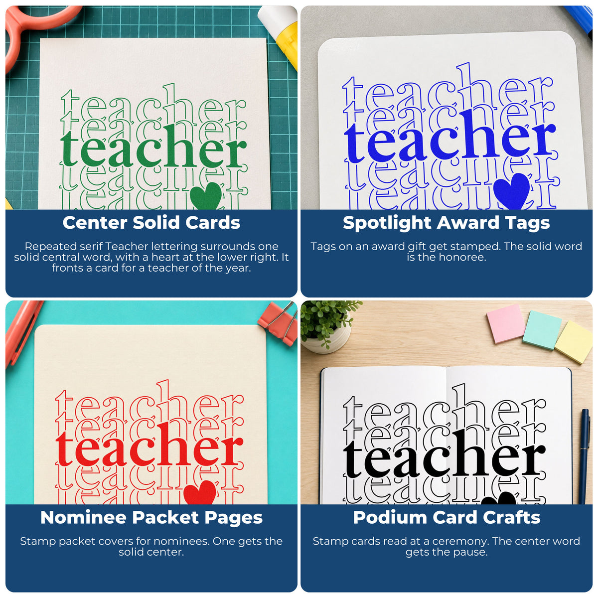 Teacher rubber stamp ideas for grading feedback, parent notes, student rewards, and homework folders in the classroom.