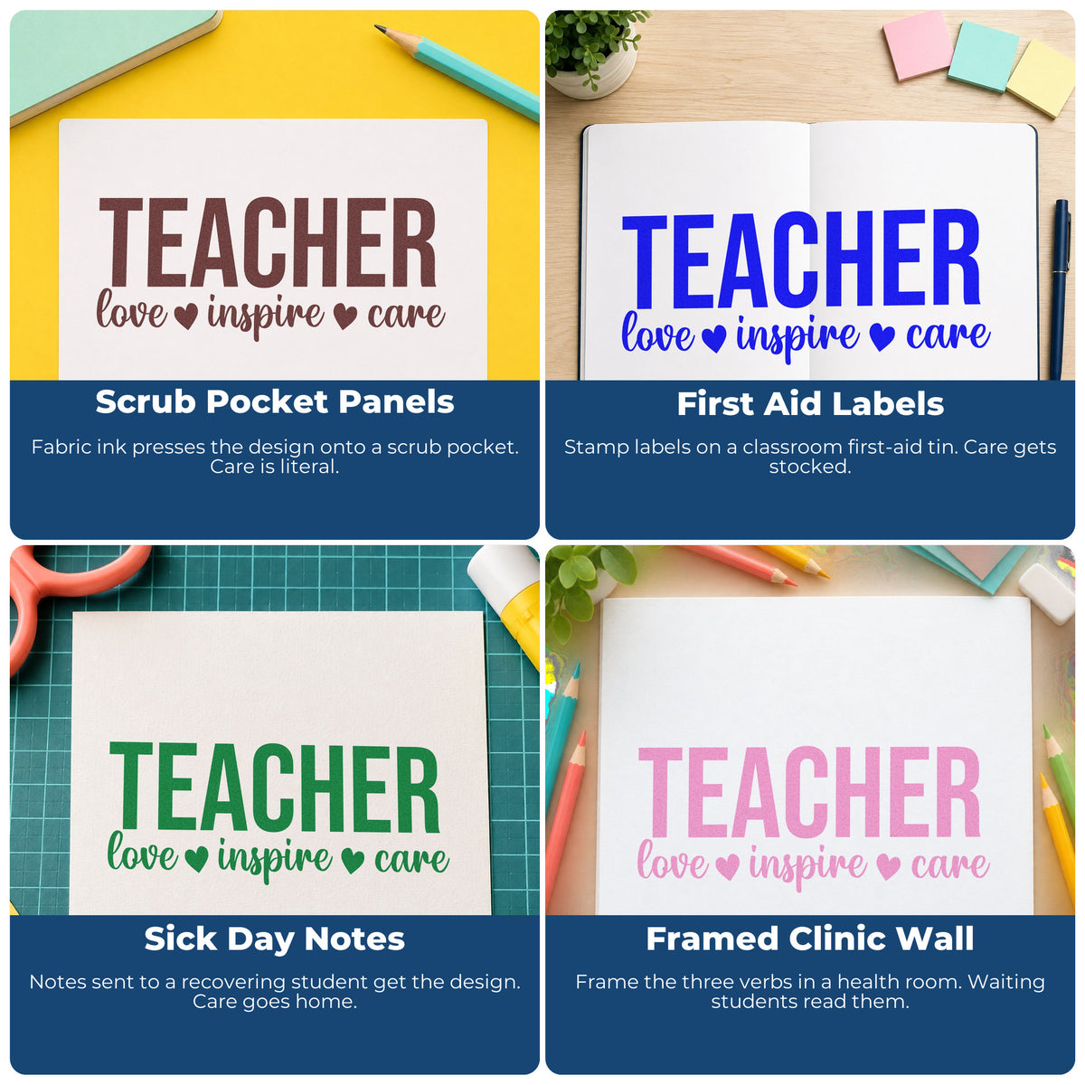 Classroom rubber stamp examples for teachers, including student work, bulletin boards, SEL, and hall pass note stamps.