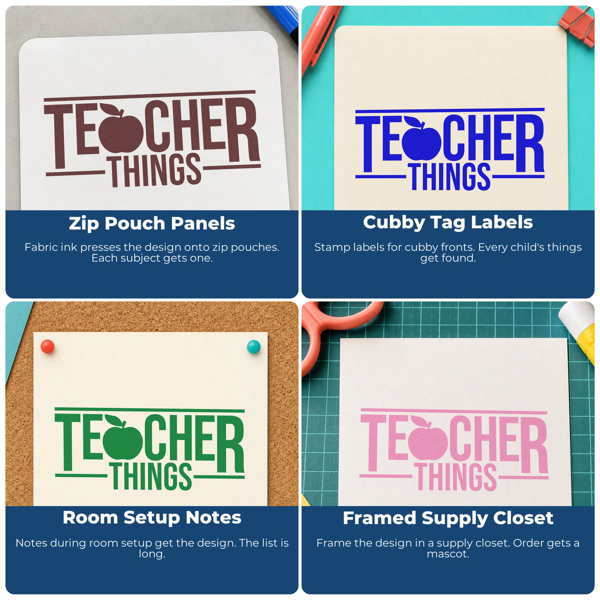 Four ways to use the Teacher Things Self-Inking Craft Stamp: zip pouch panels, cubby tag labels, room setup notes and framed supply closet.