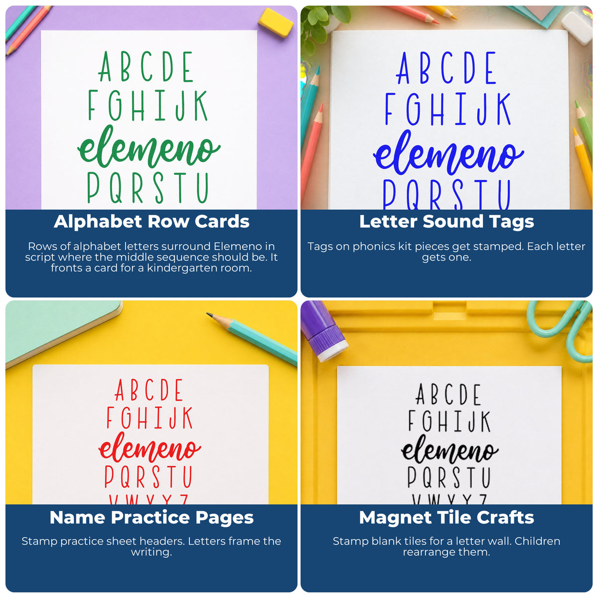 Four ways to use the Alphabet Elemeno Rubber Stamp – Wood Handle: alphabet row cards, letter sound tags, name practice pages and magnet tile crafts.