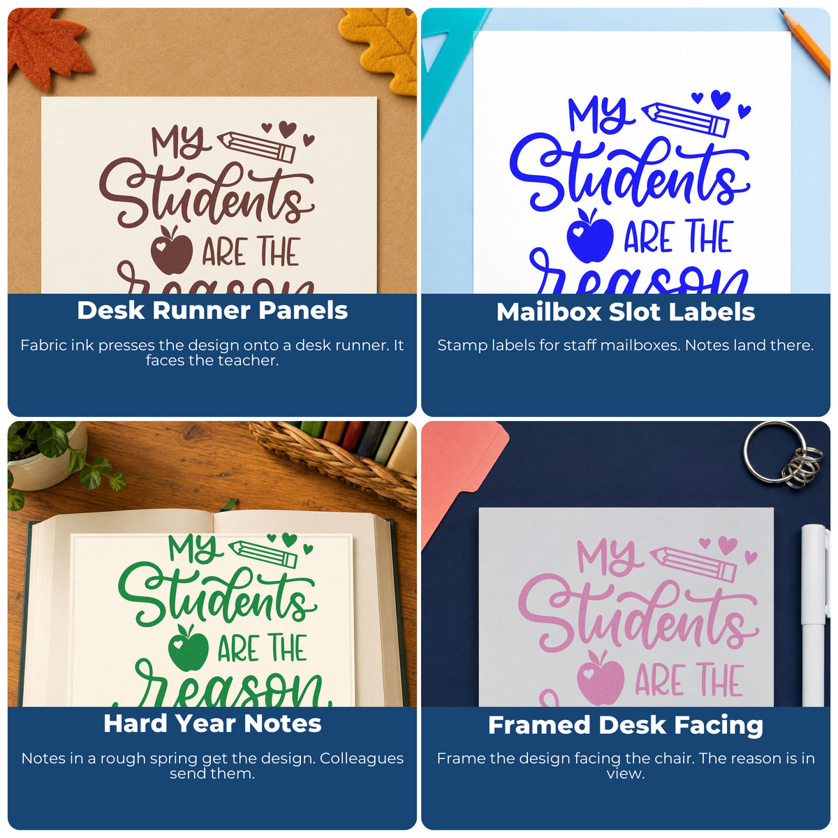 Teacher rubber stamp examples for classroom crafts, bulletin boards, SEL, and student notes with custom educator phrases.