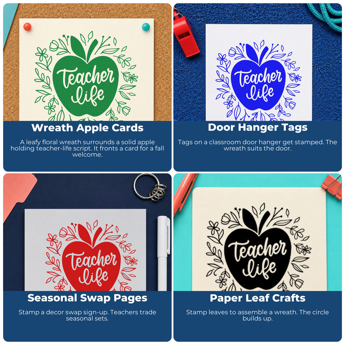 Four ways to use the Teacher Life Floral Apple Leaf Accents Stamp – Self-Inking: wreath apple cards, door hanger tags, seasonal swap pages and paper leaf crafts.
