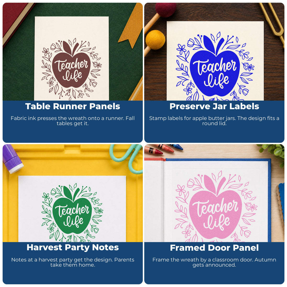 Four ways to use the PSI Pre-Inked Teacher Life Floral Apple Leaf Accents Stamp: table runner panels, preserve jar labels, harvest party notes and framed door panel.