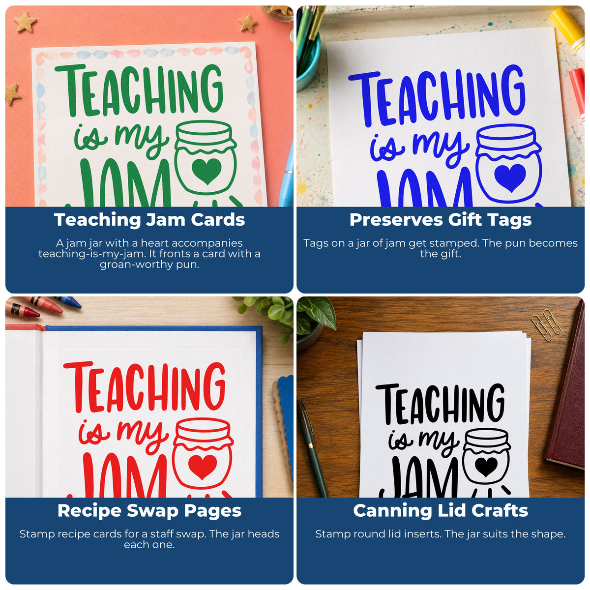 Teacher rubber stamp examples for grading, parent communication, student rewards, and homework folder reminders in the classroom.