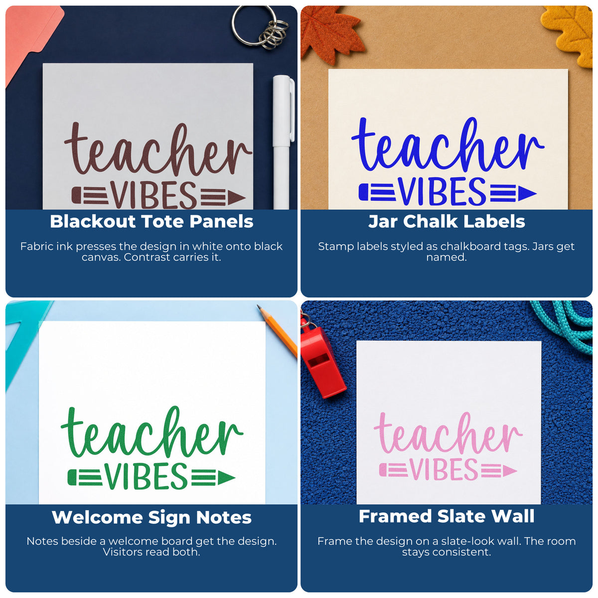 Teacher rubber stamp examples for classroom crafts, bulletin boards, SEL, and hall passes with motivational sayings and icons.