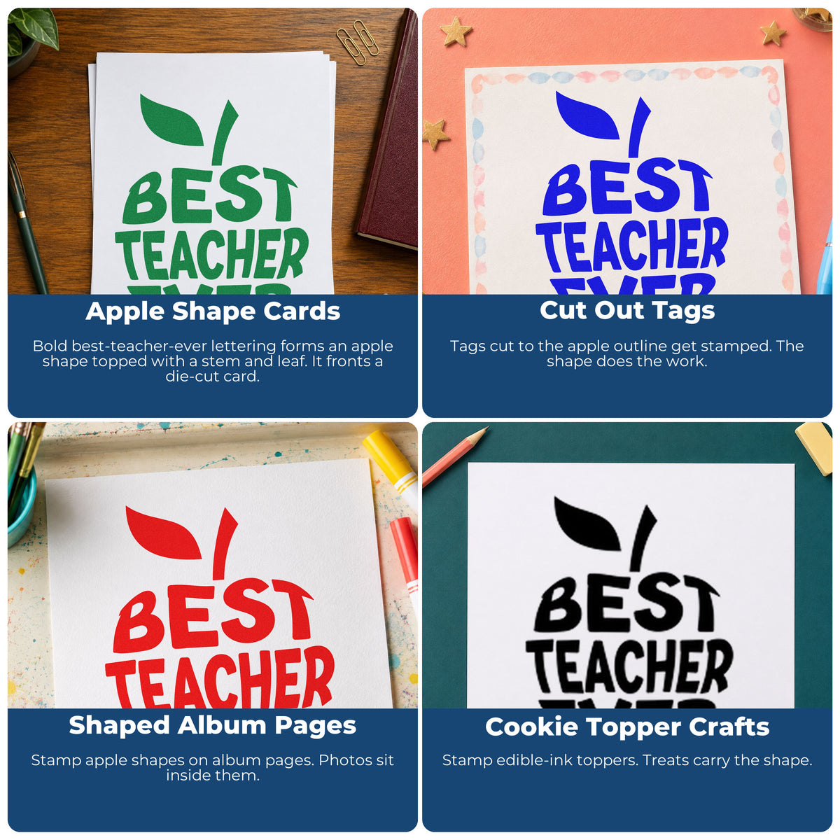 Rubber stamps for teachers to grade assignments, communicate with parents, reward students, and label homework folders.