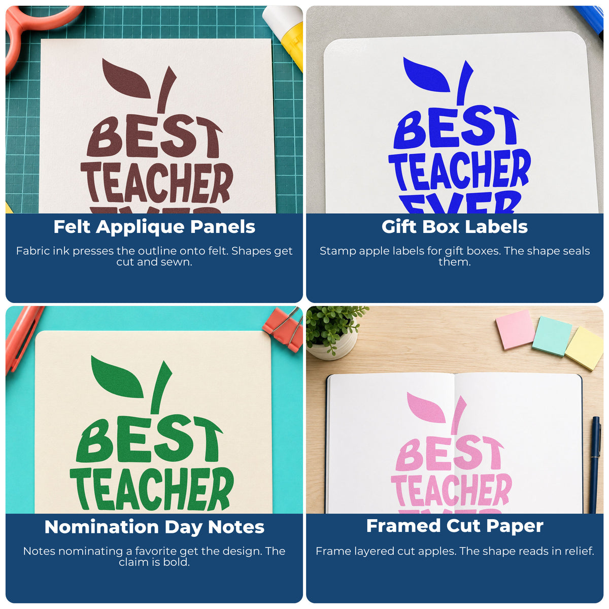 Teacher rubber stamp ideas for classroom crafts, bulletin boards, SEL notes, and hall passes with custom school-themed designs.