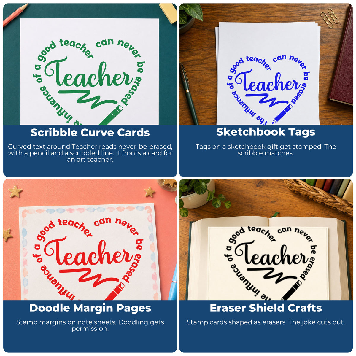 Four ways to use the Teacher Influence Pencil Circle Lettering Pre-Inked Stamp – Slim: scribble curve cards, sketchbook tags, doodle margin pages and eraser shield crafts.