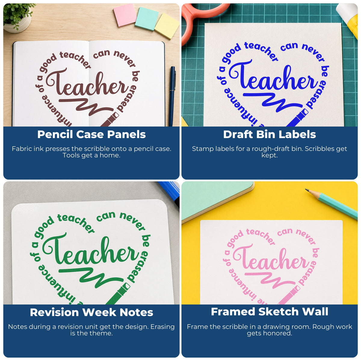 Four ways to use the Teacher Influence Pencil Circle Lettering Pre-Inked Stamp – Slim: pencil case panels, draft bin labels, revision week notes and framed sketch wall.